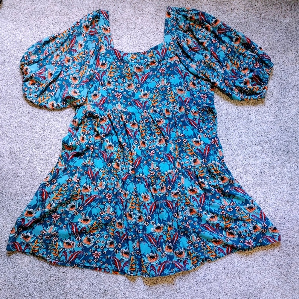 Boho Fall Babydoll Maurices Blue Floral Paisley Puff Sleeve Tiered Dress Plus 1X
